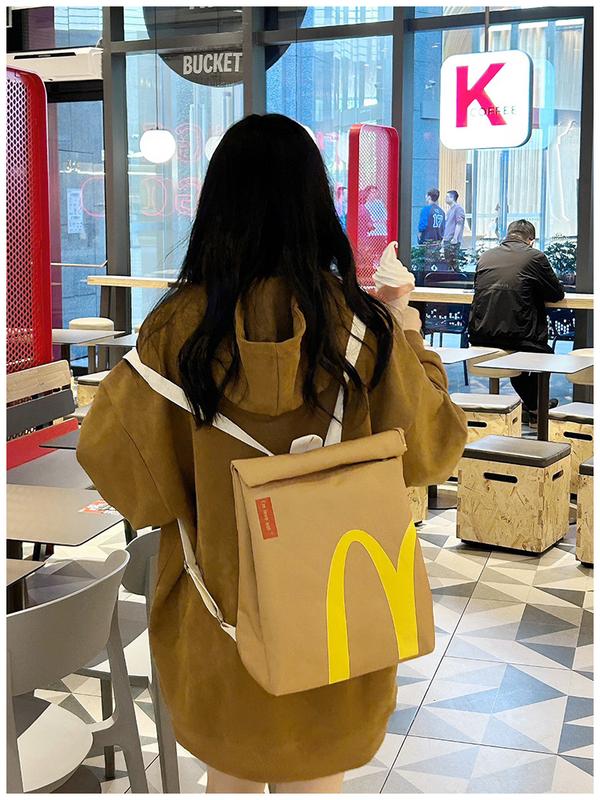 McDonald's Backpack Fun Backpack Women's Canvas large capacity cartoon French fries bag Travel crossbody bag Starbucks KFC bag Double backpack schoolbag