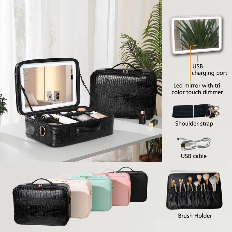 Makeup big Bag with LED Mirror, Travel Makeup Case withRechargeable Lighted Mirror 3 Color Lights, Dual LayerCosmetic Box Makeup Brush Lipstick Holder Organizerfor Women, Leather Black