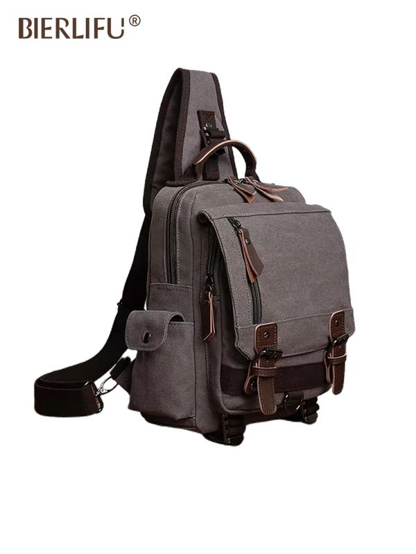 Men's Casual Plain Canvas Crossbody Bag, Fashionable Belted Design Sling Bag for Daily Used, Casual Trendy Versatile High-quality Daily Commuting Bag