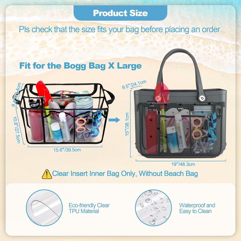 Clear Beach Bag Organizer Insert Compatible with Bogg Bag X Large, Waterproof Beach Bag Insert Divider Pouch, Beach Tote Bag Insert Organizer Liner 15.6 x 8.4 x 10.8 Inches, Black