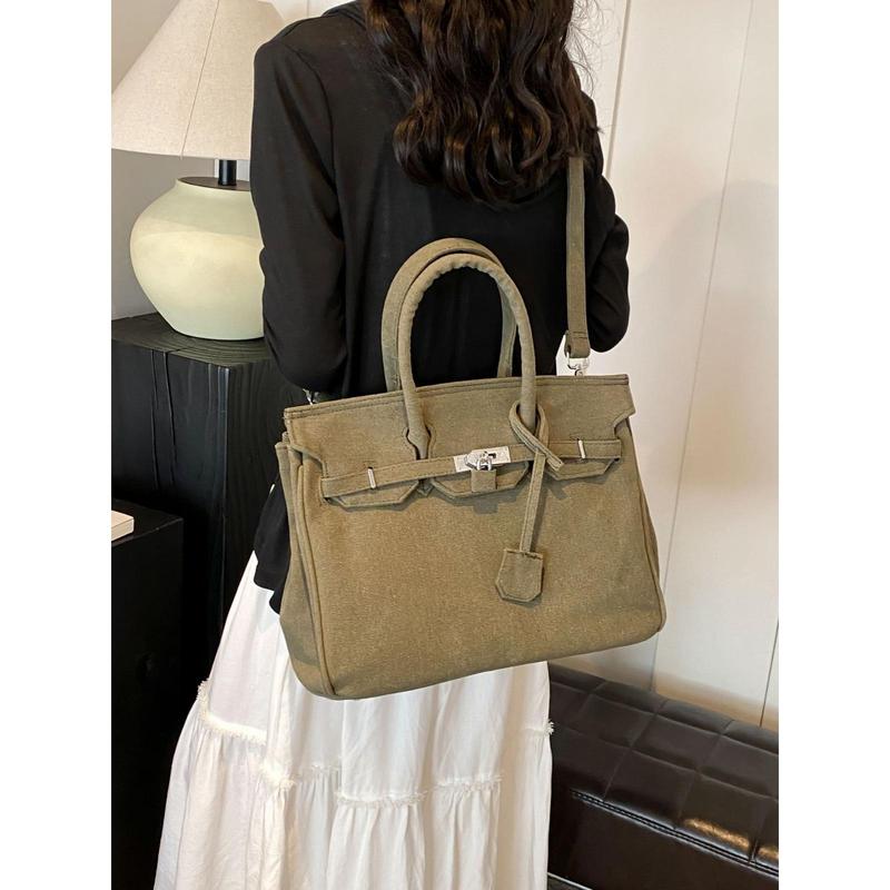 Simple Solid Color Denim Bag Women 2024 New Advanced Texture Large Capacity Birkin Bag Shoulder Messenger Bag