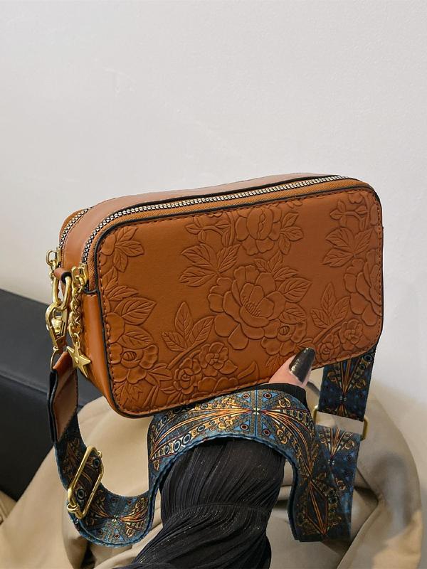 Women's Boho Style Floral Embossed Crossbody Bag, Fashionable PU Leather Shoulder Bag for Daily Used, Casual Trendy Versatile High-quality Daily Commuting Bag