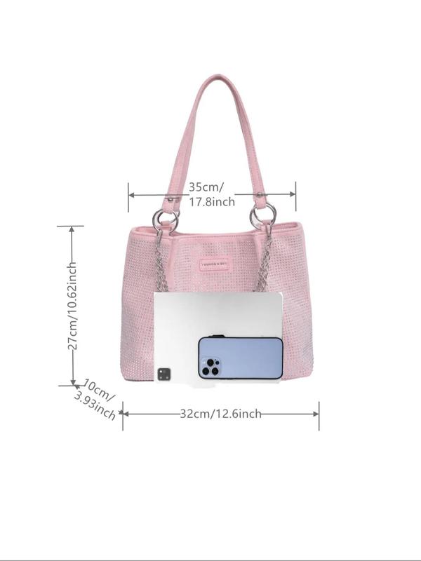 Fashionable Rhinestone Decorated Tote Bag, Casual Versatile Letter Patched Design Large Capacity Shoulder Bag for Women, Trendy All-match Commuter Bag for Daily Used