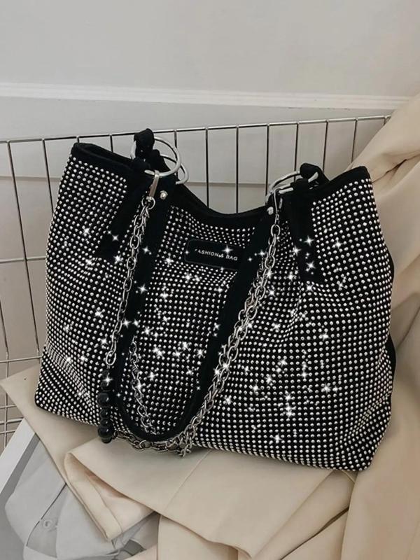 Fashionable Rhinestone Decorated Tote Bag, Casual Versatile Letter Patched Design Large Capacity Shoulder Bag for Women, Trendy All-match Commuter Bag for Daily Used