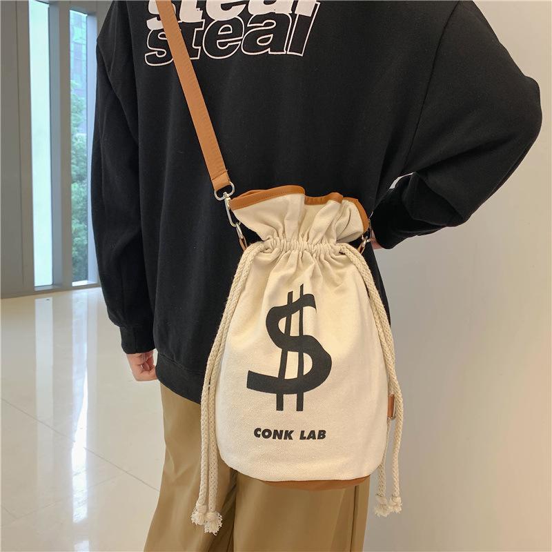 Canvas Drawstring Backpack Large Money Dollar Crossbody Shoulder Bag Bucket Rucksack Lightweight Sport Knapsack