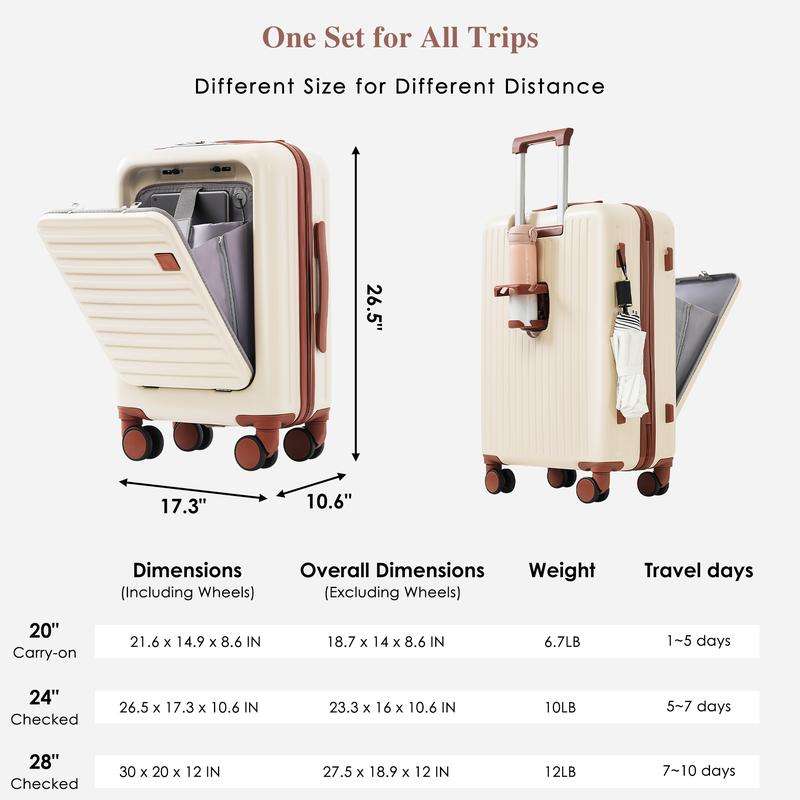 Merax Luggage Set of 3, 20, 24, 28inch with USB Port, with Cup Holder, ABS Hard Shell Luggage with Spinner Wheels