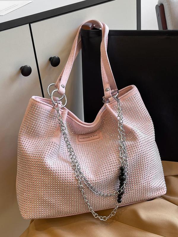 Fashionable Rhinestone Decorated Tote Bag, Casual Versatile Letter Patched Design Large Capacity Shoulder Bag for Women, Trendy All-match Commuter Bag for Daily Used