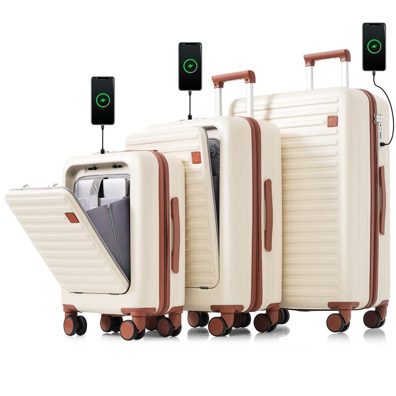 Merax Luggage Set of 3, 20, 24, 28inch with USB Port, with Cup Holder, ABS Hard Shell Luggage with Spinner Wheels