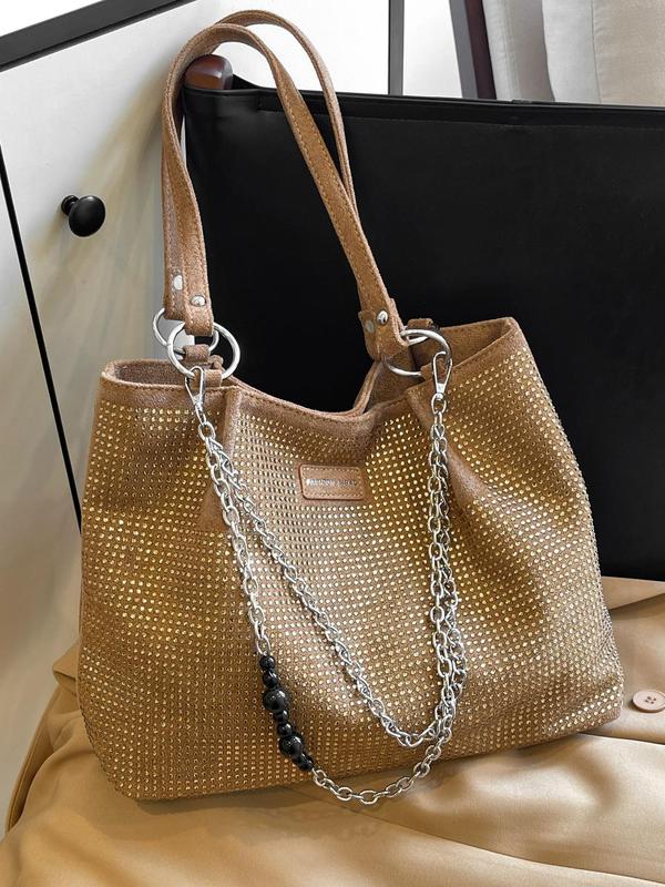 Fashionable Rhinestone Decorated Tote Bag, Casual Versatile Letter Patched Design Large Capacity Shoulder Bag for Women, Trendy All-match Commuter Bag for Daily Used