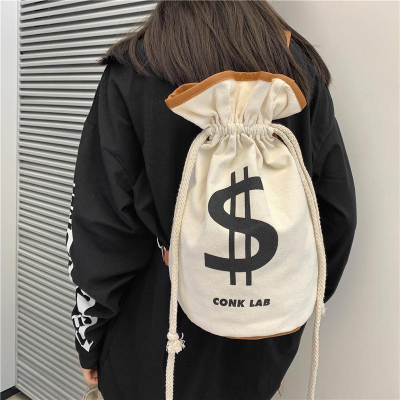 Canvas Drawstring Backpack Large Money Dollar Crossbody Shoulder Bag Bucket Rucksack Lightweight Sport Knapsack