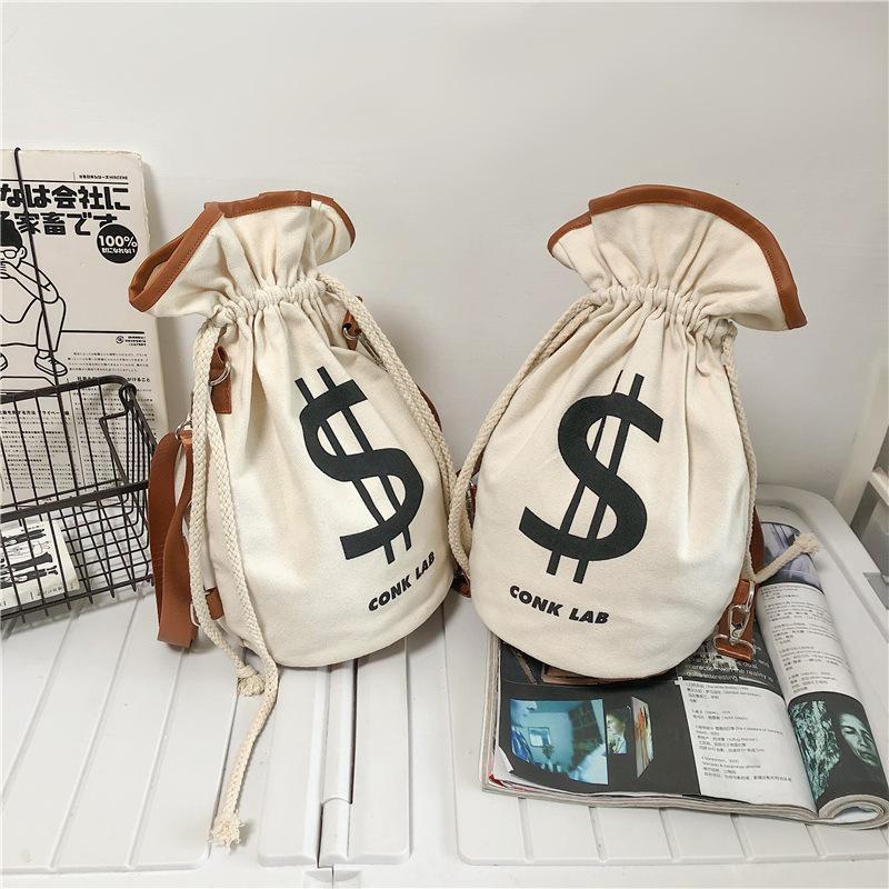 Canvas Drawstring Backpack Large Money Dollar Crossbody Shoulder Bag Bucket Rucksack Lightweight Sport Knapsack