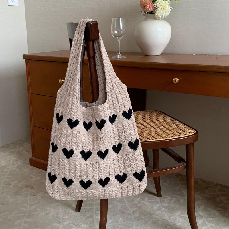 Heart Pattern Crochet Tote Bag, Casual Large Capacity Shoulder Bag for Women, Female Trendy School Bag for Daily Wear, Office, College, Work, Commute,  Gift for her