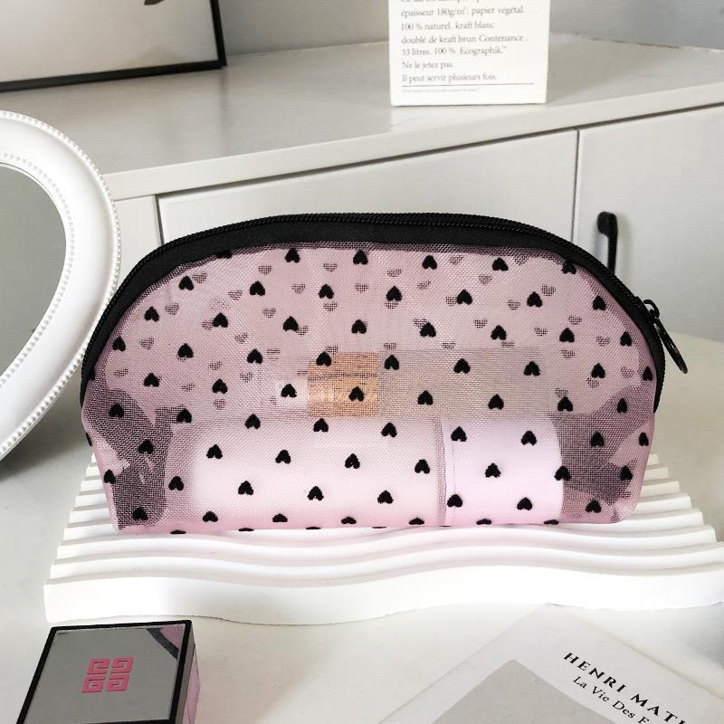 Trendy Mesh Makeup Bag with a Girly Heart Design, Spacious and Portable Toiletry Organizer, Large Capacity for Lipstick and Cosmetic Storage, Pouch for Travel and Daily Use