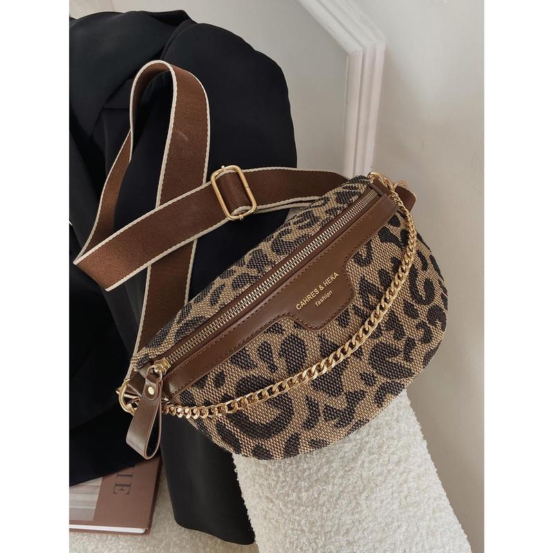 Millennial Vintage Chain Decor Plaid & Leopard Print Shoulder & Waist Bag