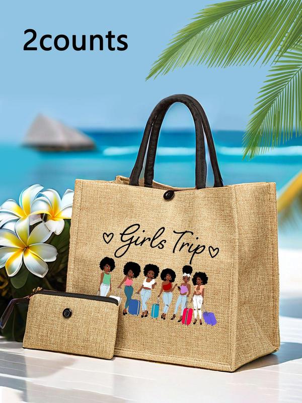 Women's Cartoon Girl Pattern Tote Bag & Coin Purse, Casual Versatile Shoulder Bag & Coin Purse Set for Daily Commuting Bag, Girl Shopping Bag