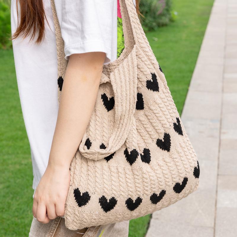 Heart Pattern Crochet Tote Bag, Casual Large Capacity Shoulder Bag for Women, Female Trendy School Bag for Daily Wear, Office, College, Work, Commute,  Gift for her