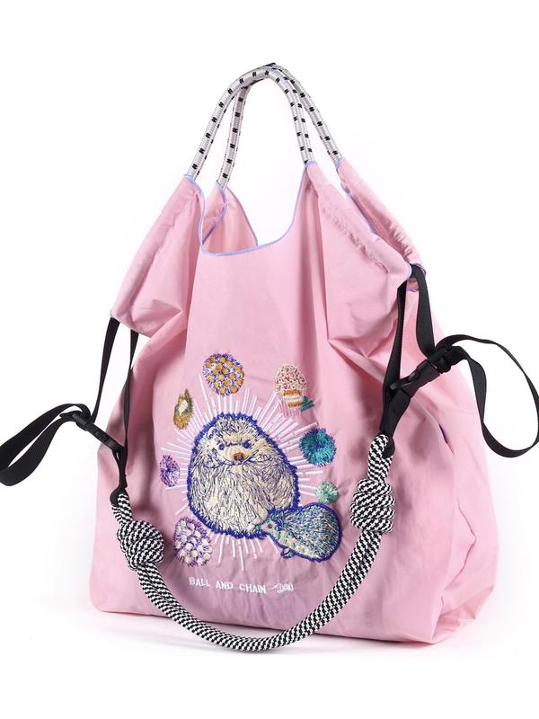 Cute Hedgehog Embroidery Tote Bag, Casual Large Capacity Shoulder Bag for Women, Trendy All-match Bag for Daily Use