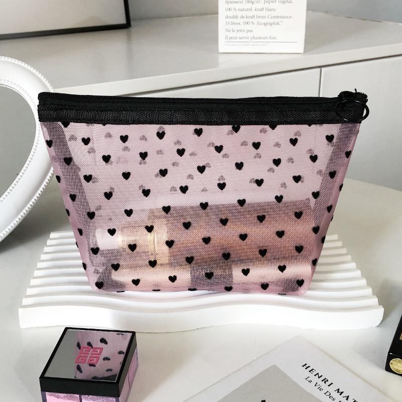 Trendy Mesh Makeup Bag with a Girly Heart Design, Spacious and Portable Toiletry Organizer, Large Capacity for Lipstick and Cosmetic Storage, Pouch for Travel and Daily Use