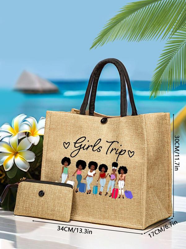 Women's Cartoon Girl Pattern Tote Bag & Coin Purse, Casual Versatile Shoulder Bag & Coin Purse Set for Daily Commuting Bag, Girl Shopping Bag