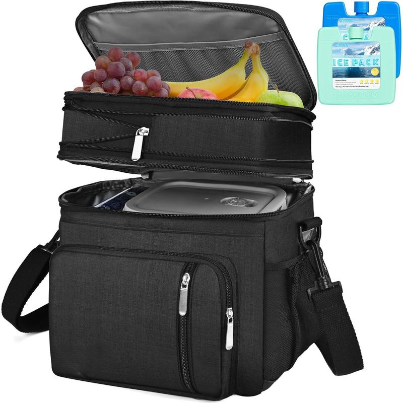 Lunch Bag & Lunch Box for Men Women Double Deck - Leakproof Insulated Soft Large Adult Lunch Cooler Bag for Work (Black,15L)