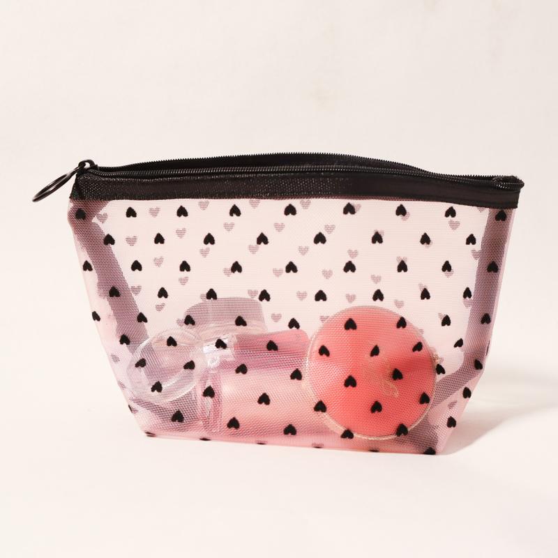 Trendy Mesh Makeup Bag with a Girly Heart Design, Spacious and Portable Toiletry Organizer, Large Capacity for Lipstick and Cosmetic Storage, Pouch for Travel and Daily Use