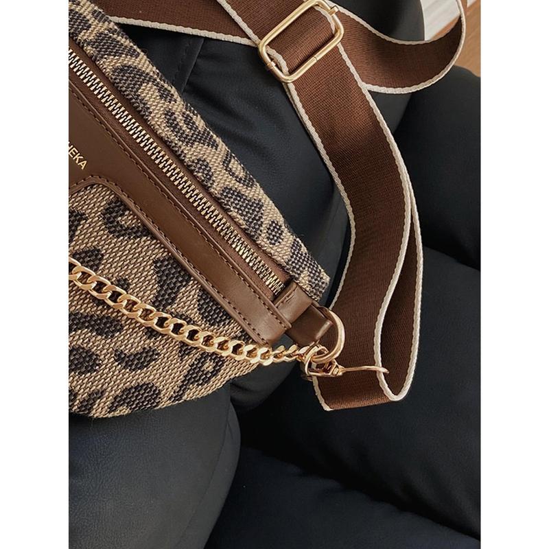 Millennial Vintage Chain Decor Plaid & Leopard Print Shoulder & Waist Bag