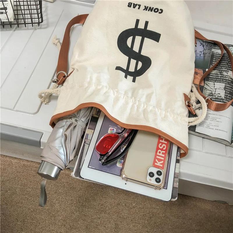 Dollar Print Cotton Canvas Shoulder Bag Popular Crossbody Bag Leisure Bag Men Women Backpack Lightweight String Foldable