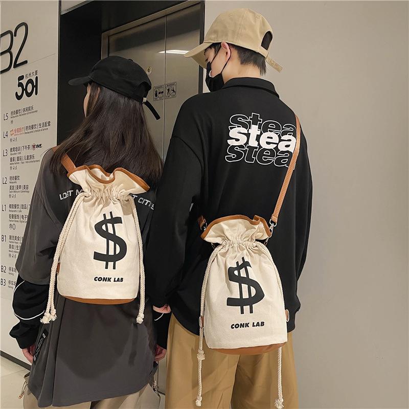 Dollar Print Cotton Canvas Shoulder Bag Popular Crossbody Bag Leisure Bag Men Women Backpack Lightweight String Foldable