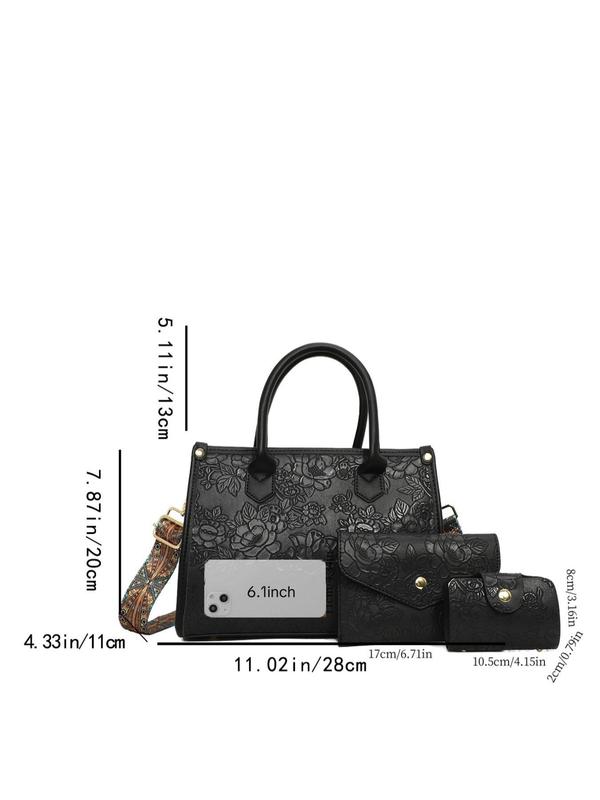 Women's Elegant Floral Embossed Tote Bag & Wristlet & Coin Purse, Fashionable PU Leather Bag Set for Work & Daily Used, Casual Trendy Versatile High-quality Daily Commuting Bag