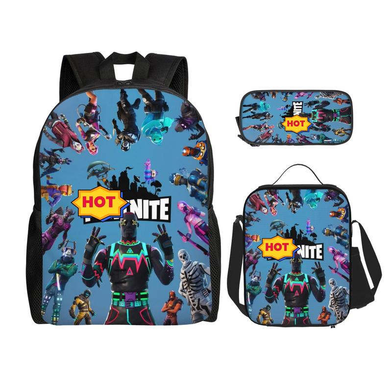 3-Piece Game Laptop Backpack Fortnite Travel Bags Set with Insulated Lunch Bag Pencil Case Gaming