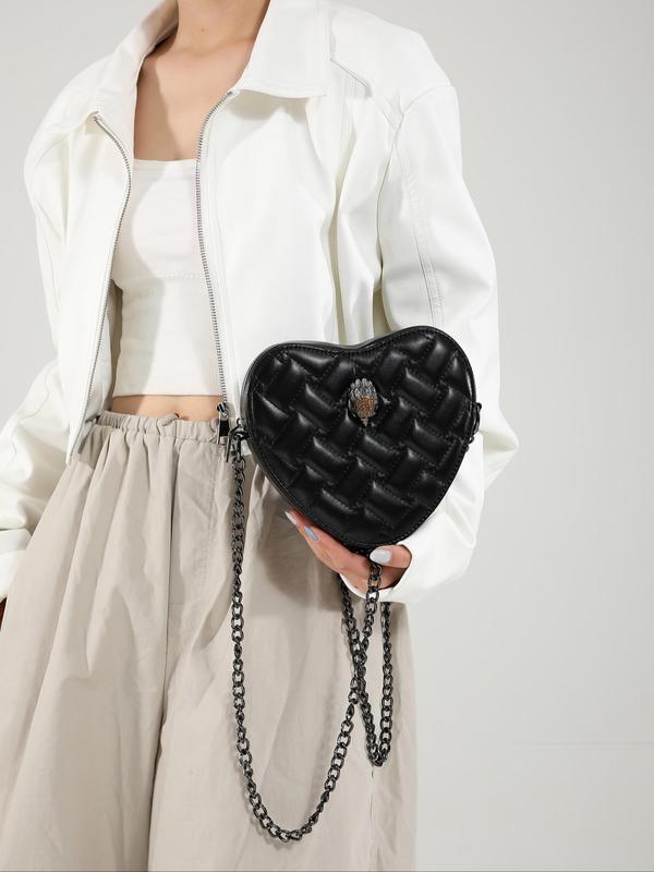 Women's Fashionable Heart Shaped Quilted Crossbody Bag, Bird Decor PU Leather Shoulder Bag with Chain Strap, Trendy All-match Commuter Bag for Daily Used