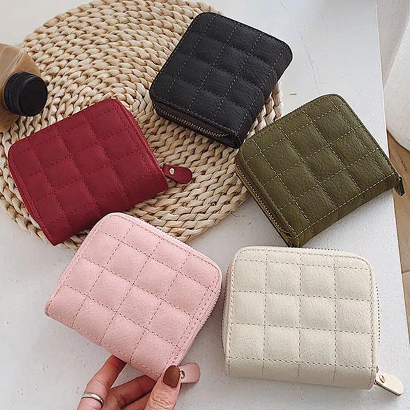 Women Fashion Small Zipper Wallet with Coin Purse PU Leather Plaid Purses