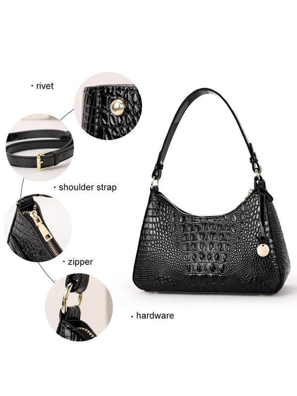 Women's Elegant Crocodile Embossed Handbag, Simple Plain Zipper Handbag with Adjustable Strap, Fashionable Handbag for Daily Use