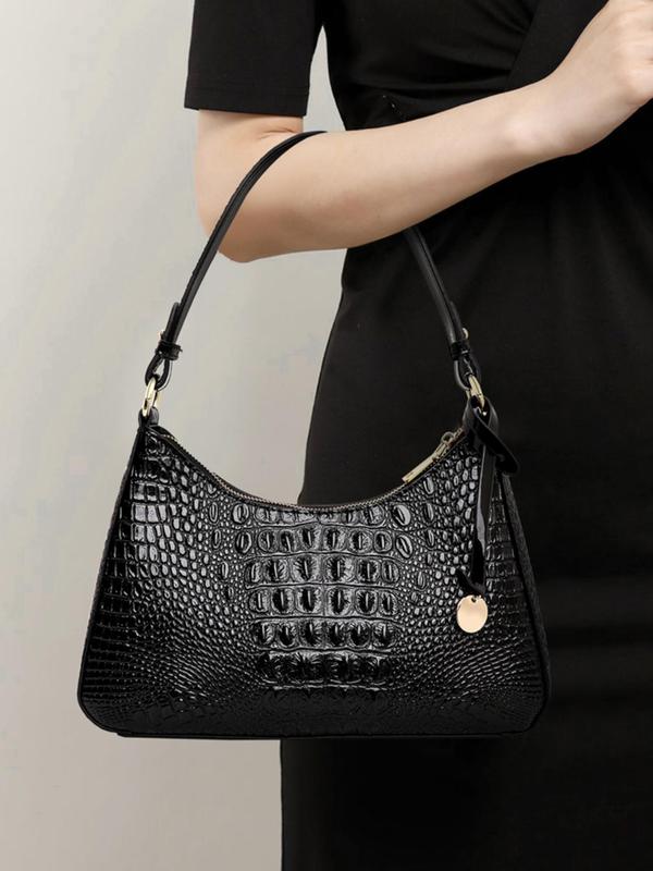 Women's Elegant Crocodile Embossed Handbag, Simple Plain Zipper Handbag with Adjustable Strap, Fashionable Handbag for Daily Use