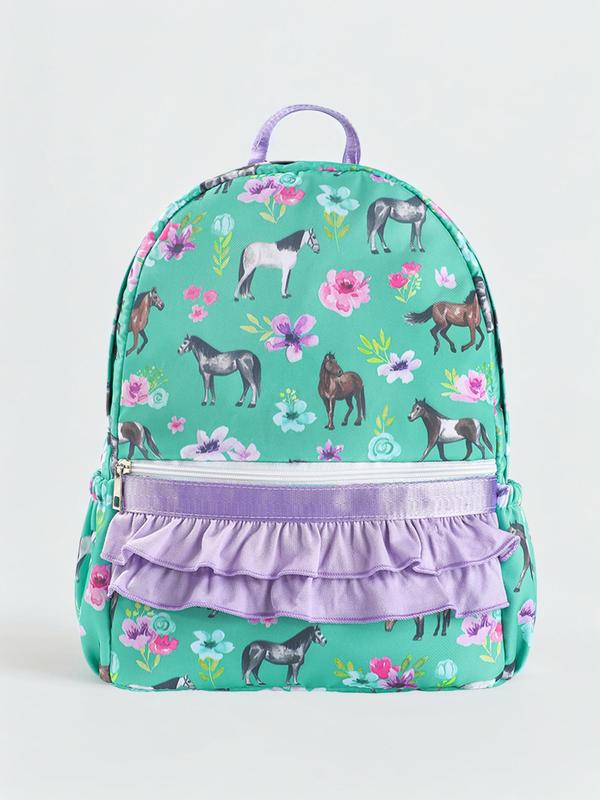 Women's Horse & Flower Pattern Backpack, Casual Large Capacity Ruched Design Backpack, Fashionable Backpack for Daily Use