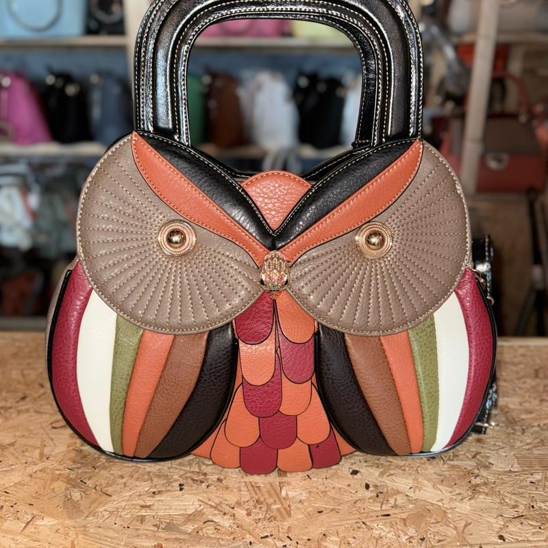 Beige multicolored owl women’s handbag