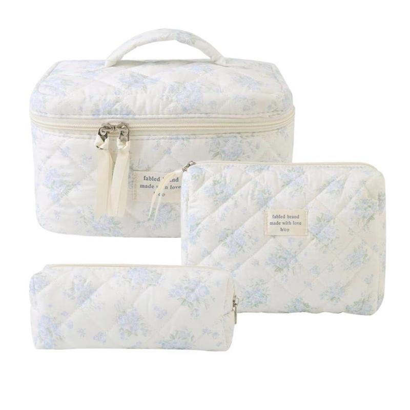 3Pcs Cotton Quited Makeup Bag Set, Quilted Makeup Bag, Large Floral Cosmetic Bag for Women, Cute Cotton Makeup Bags, Flower Travel Toiletry Organizer Bag makeupbag set
