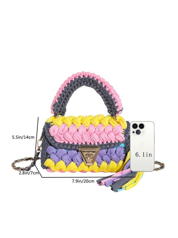 Women's Colorblock Crochet Handmade Bag, Fashionable Tassel Decor Crossbody Bag for Daily Used, Casual Trendy Versatile High-quality Daily Commuting Bag