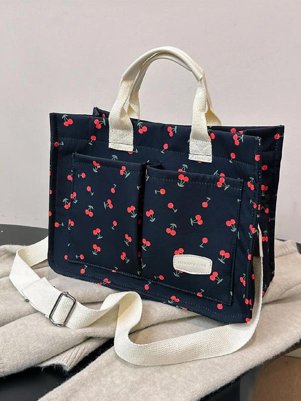 Cherry Print Letter Patched Tote Bag, Fashionable Multi-pocket Shoulder Bag for Women, Casual Versatile Commuter Bag for Daily Everyday Commuter Travel