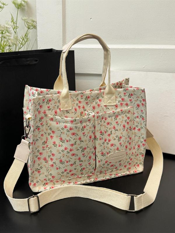 Cherry Print Letter Patched Tote Bag, Fashionable Multi-pocket Shoulder Bag for Women, Casual Versatile Commuter Bag for Daily Everyday Commuter Travel