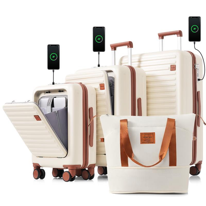 Merax Luggage Set with front opening design Airline Certified Carry on Luggage with Cup Holder, ABS Hard Shell Luggage with Expandable Travel Bag carry luggage