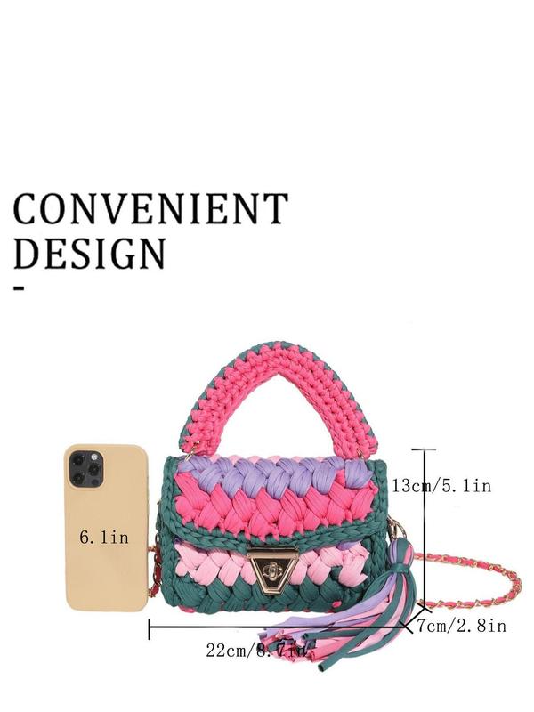 Women's Colorblock Crochet Handmade Bag, Fashionable Tassel Decor Crossbody Bag for Daily Used, Casual Trendy Versatile High-quality Daily Commuting Bag