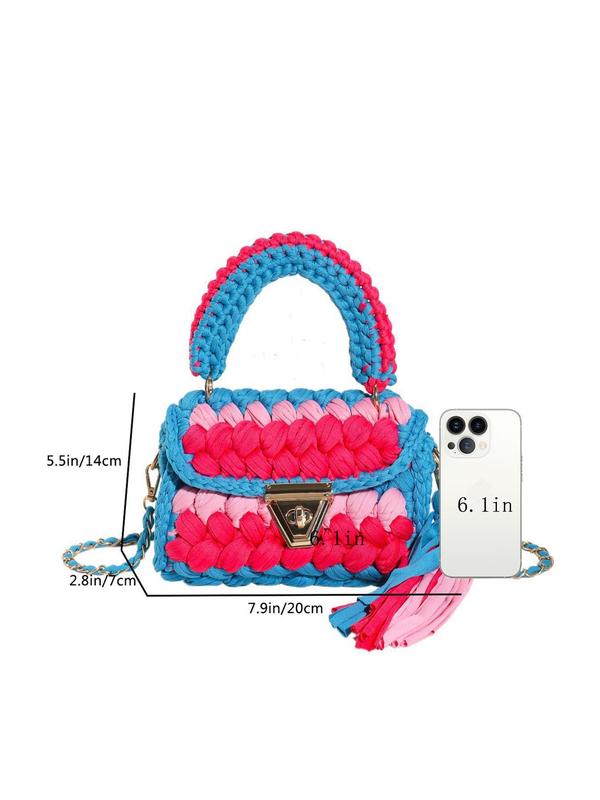 Women's Colorblock Crochet Handmade Bag, Fashionable Tassel Decor Crossbody Bag for Daily Used, Casual Trendy Versatile High-quality Daily Commuting Bag