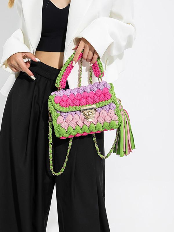 Women's Colorblock Crochet Handmade Bag, Fashionable Tassel Decor Crossbody Bag for Daily Used, Casual Trendy Versatile High-quality Daily Commuting Bag