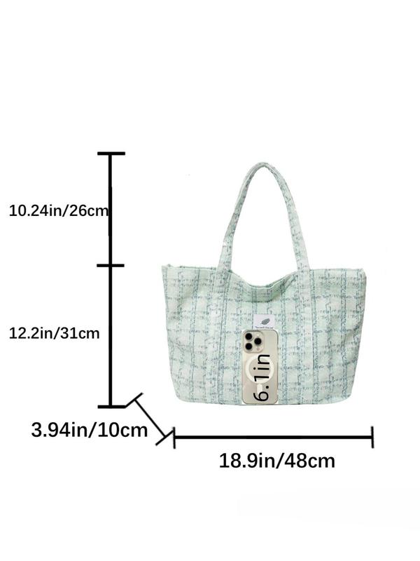 Women's Cute Cherry & Plaid Pattern Tote Bag, Casual Large Capacity Shoulder Bag for Daily Used, Trendy All-match Bag for Teen Girl & Women & College Student