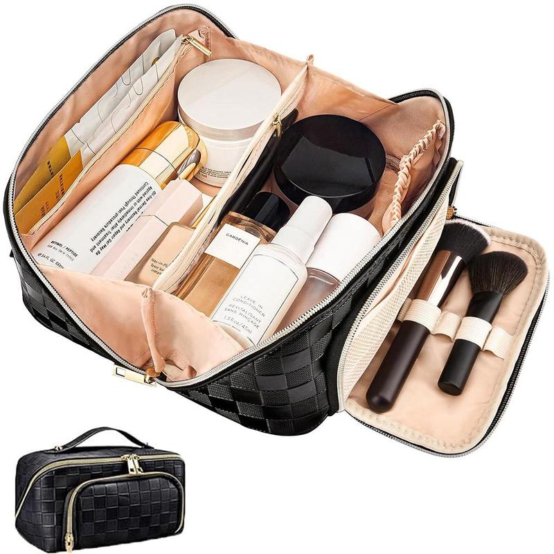 Large Capacity Cosmetic Bag, 1 Count Portable PU Leather Waterproof Makeup Bag with Dividers & Handle, Cosmetic Storage Bag for Travel, Makeup Organizer Pouch