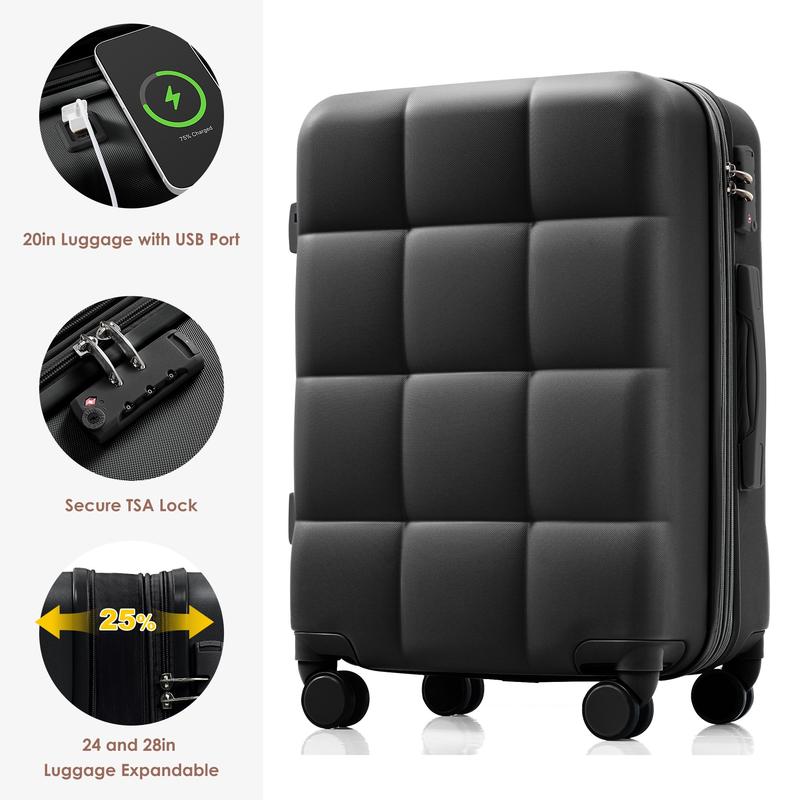Merax Luggage Set of 3, 20-inch with USB Port, Airline Certified Carry-on Luggage with Cup Holder, ABS Hard Shell Luggage