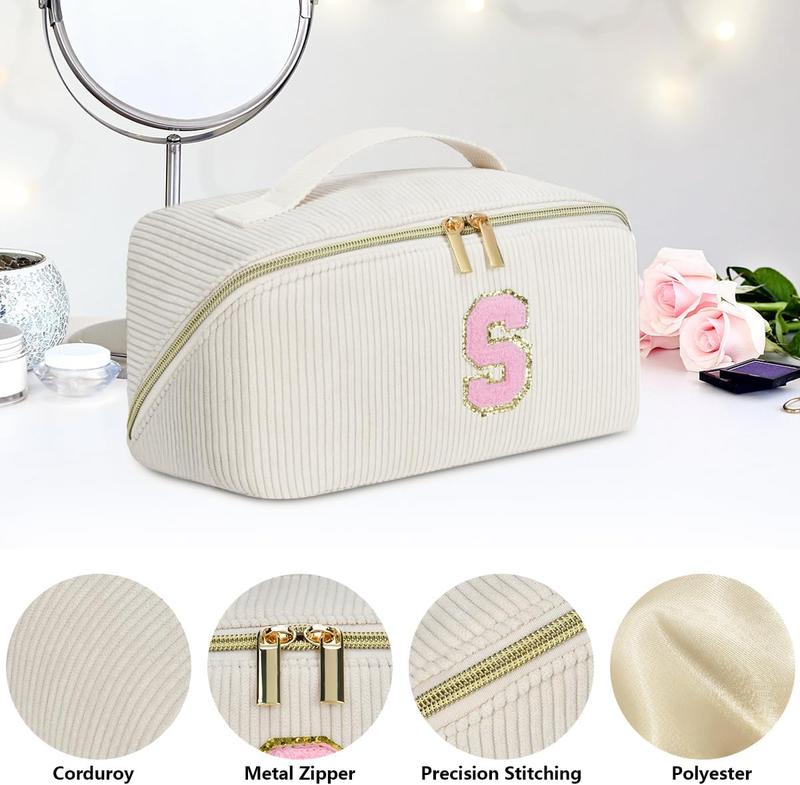 traval makeupbag LOKASS,Travel Makeup Bag for Mother's Day  , Large Stuff Bag Large Capacity Makeup Travel Bag ,Corduroy Cosmetic Pouch ,makeup bag coquette ,makeup bag for school,Birthday Gifts for Women Friend Mother Wife(Beige+letters)