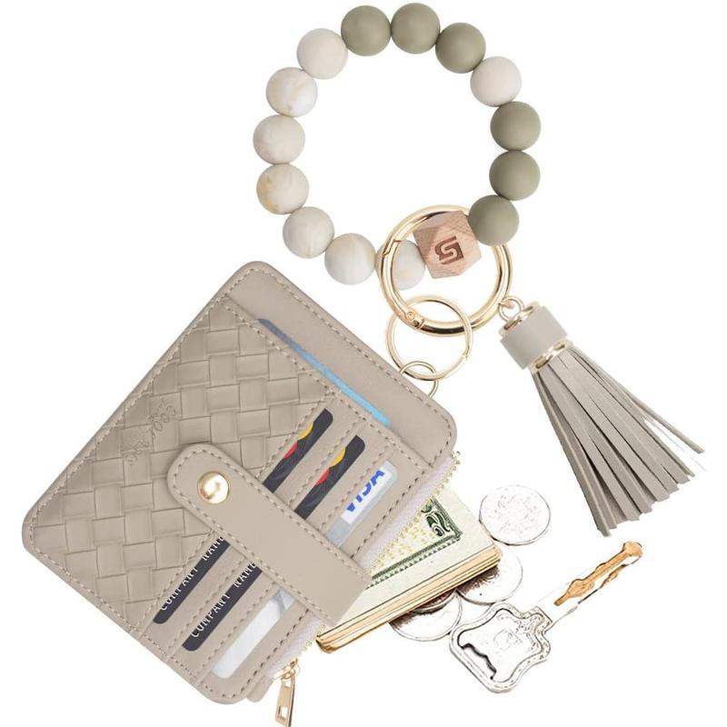 Wristlet Bracelet Keychain Credit Card Holder Purse,RFID Blocking Zip Slim Wallet,Tassel Key Ring Wallet for Women