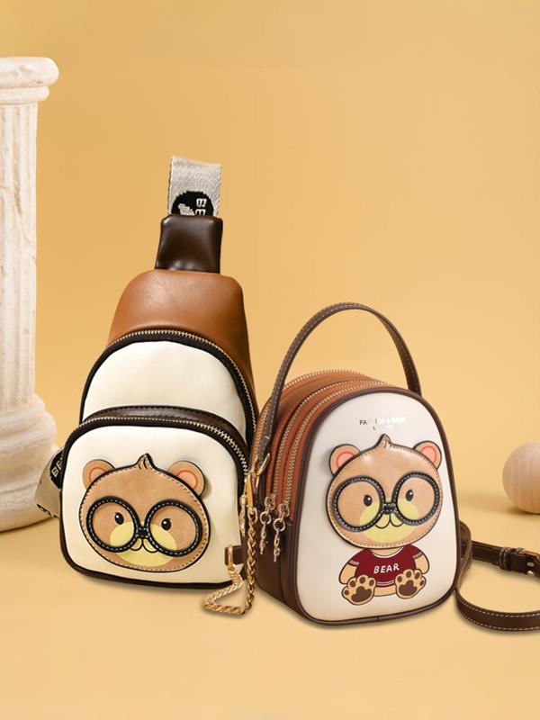 Women's Cute Cartoon Bear Pattern Crossbody Bag & Chest Bag, Fashionable Pu Leather Crossbody Bag & Chest Bag, Casual Trendy Versatile High-quality Daily Commuting Bag Set